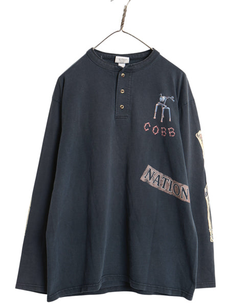 00s ★ バイカー 4面 プリント ヘンリーネック 長袖 Tシャツ メンズ L / オールド ロンT スカル バイク ジョーク グラフィック イラスト 黒