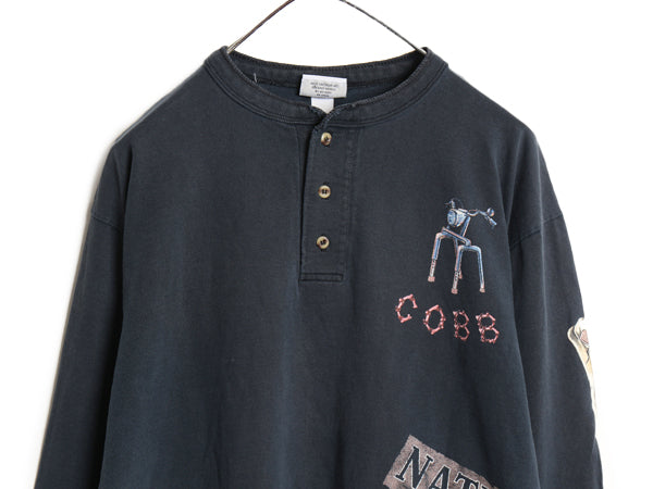00s ★ バイカー 4面 プリント ヘンリーネック 長袖 Tシャツ メンズ L / オールド ロンT スカル バイク ジョーク グラフィック イラスト 黒