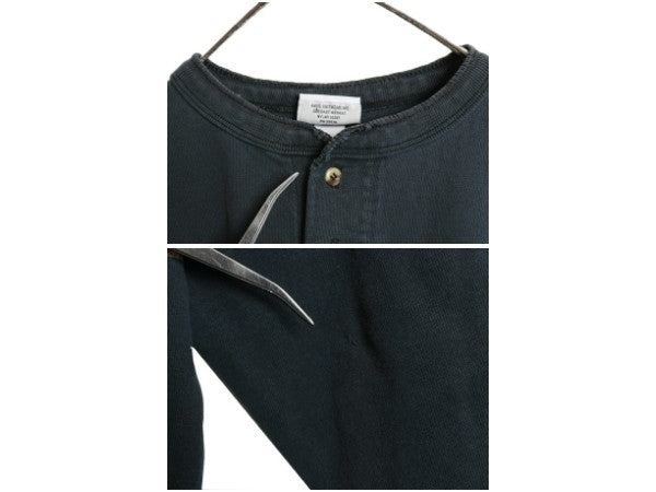 00s ★ バイカー 4面 プリント ヘンリーネック 長袖 Tシャツ メンズ L / オールド ロンT スカル バイク ジョーク グラフィック イラスト 黒