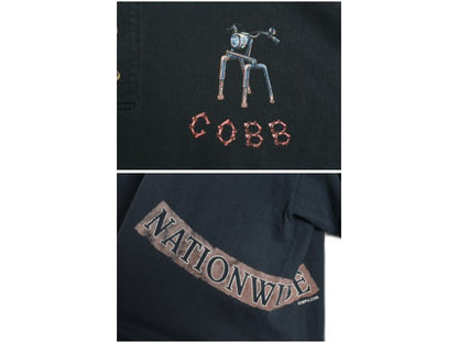 00s ★ バイカー 4面 プリント ヘンリーネック 長袖 Tシャツ メンズ L / オールド ロンT スカル バイク ジョーク グラフィック イラスト 黒