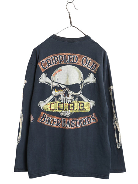 00s ★ バイカー 4面 プリント ヘンリーネック 長袖 Tシャツ メンズ L / オールド ロンT スカル バイク ジョーク グラフィック イラスト 黒