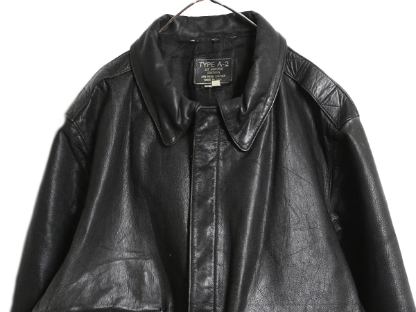 90s USA製 A-2 タイプ 本革 レザー フライト ジャケット メンズ L 古着 オールド 革ジャン 山羊革 ボンバー ゴートスキン 黒 オールレザー