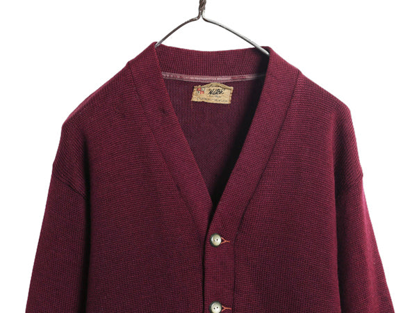 40s ★ ピューリタン ウール ニット カーディガン メンズ M 古着 ヴィンテージ セーター 前開き アワード バーガンディ 無地 ポケット付き