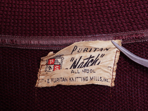 40s ★ ピューリタン ウール ニット カーディガン メンズ M 古着 ヴィンテージ セーター 前開き アワード バーガンディ 無地 ポケット付き