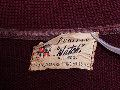 40s ★ ピューリタン ウール ニット カーディガン メンズ M 古着 ヴィンテージ セーター 前開き アワード バーガンディ 無地 ポケット付き