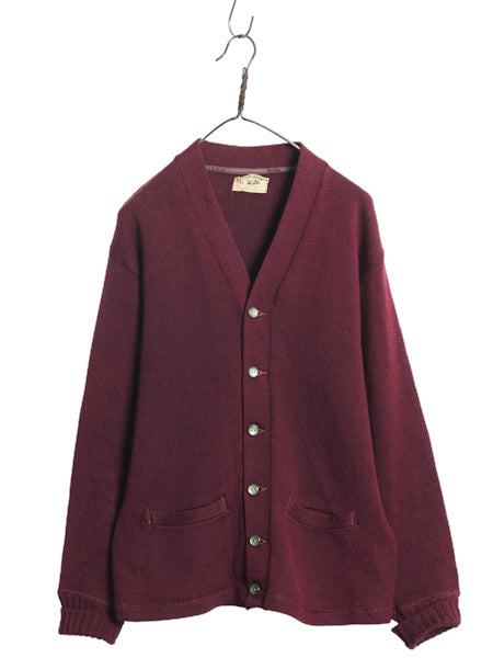 40s ★ ピューリタン ウール ニット カーディガン メンズ M 古着 ヴィンテージ セーター 前開き アワード バーガンディ 無地 ポケット付き