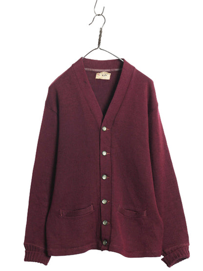 40s ★ ピューリタン ウール ニット カーディガン メンズ M 古着 ヴィンテージ セーター 前開き アワード バーガンディ 無地 ポケット付き