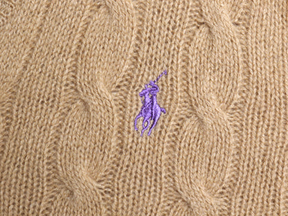 ポロ ラルフローレン ケーブル ニット セーター レディース L / メリノ ウール カシミヤ Vネック ワンポイント ポニー 刺繍 ベージュ 薄手