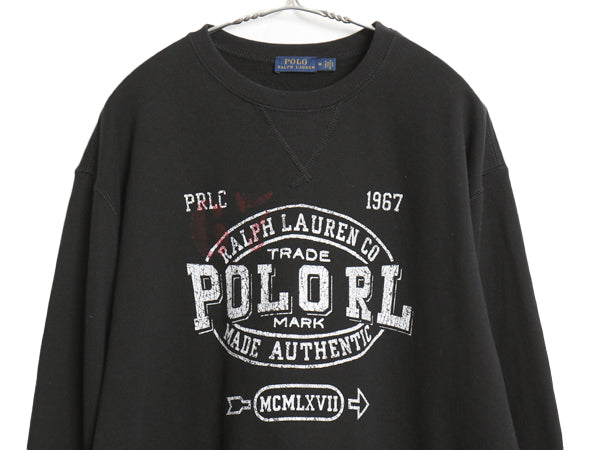 ポロ ラルフローレン プリント スウェット メンズ レディース M / ヴィンテージ モデル 前V トレーナー 裏起毛 ステンシル ショート丈 黒