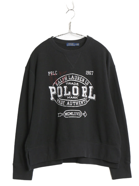ポロ ラルフローレン プリント スウェット メンズ レディース M / ヴィンテージ モデル 前V トレーナー 裏起毛 ステンシル ショート丈 黒