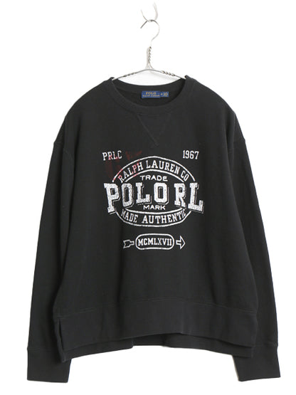 ポロ ラルフローレン プリント スウェット メンズ レディース M / ヴィンテージ モデル 前V トレーナー 裏起毛 ステンシル ショート丈 黒