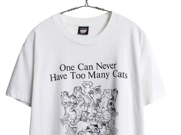 90s USA製 ネコ イラスト プリント 半袖 Tシャツ メンズ レディース L オールド アニマル アート グラフィック シングルステッチ ホワイト