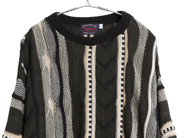 90s USA製 Milford 3D 立体編み デザイン ニット セーター メンズ L 古着 オールド アクリル 総柄 クルーネック プルオーバー マルチカラー
