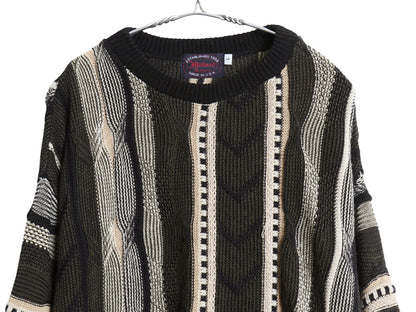 90s USA製 Milford 3D 立体編み デザイン ニット セーター メンズ L 古着 オールド アクリル 総柄 クルーネック プルオーバー マルチカラー