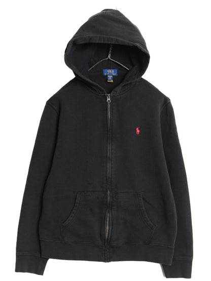 ポロ ラルフローレン フルジップ スウェット フード パーカー キッズ XL メンズ S レディース M 古着 トレーナー 裏起毛 ワンポイント 黒