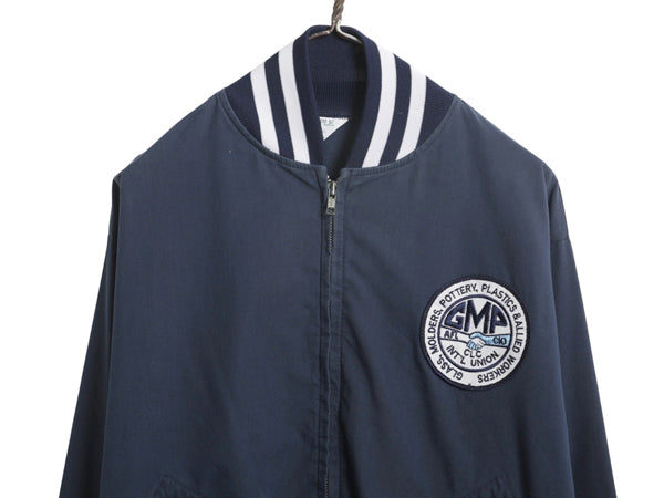 80s USA製 フルジップ スタジャン メンズ L / ヴィンテージ スイングトップ ジャケット ブルゾン ワンポイント 企業物 ワッペン リブライン