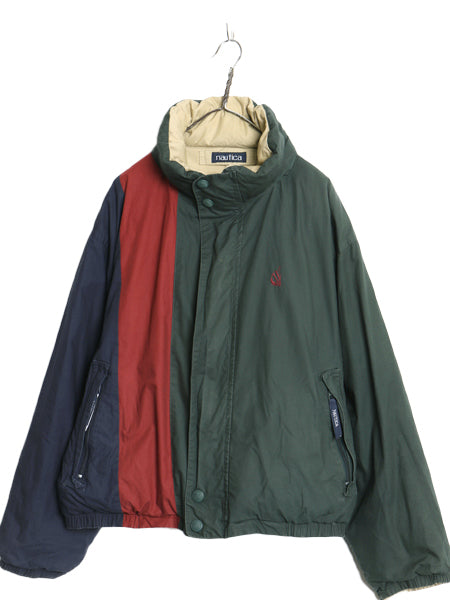 90s ノーティカ リバーシブル ダウン ジャケット メンズ XL オールド コットン フルジップ セーリング ブルゾン 収納 フ―ド 大きいサイズ