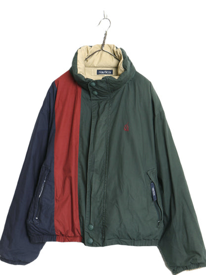 90s ノーティカ リバーシブル ダウン ジャケット メンズ XL オールド コットン フルジップ セーリング ブルゾン 収納 フ―ド 大きいサイズ