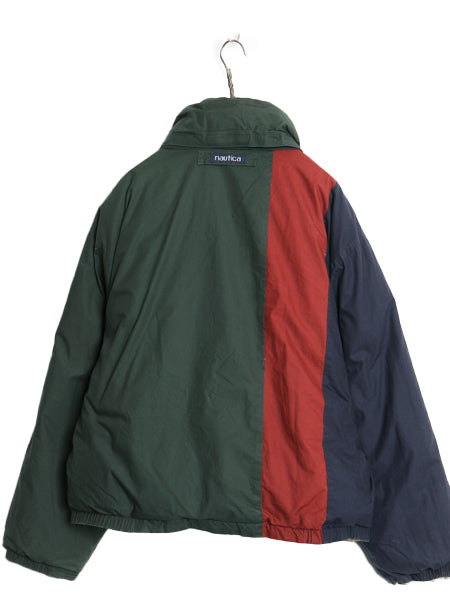 90s ノーティカ リバーシブル ダウン ジャケット メンズ XL オールド コットン フルジップ セーリング ブルゾン 収納 フ―ド 大きいサイズ