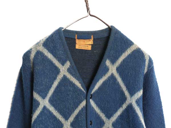 70s ★ RICHMAN BROTHERS アクリル ニット カーディガン メンズ M 古着 ヴィンテージ アーガイル 前開き セーター 毛足 シャギー ツートン
