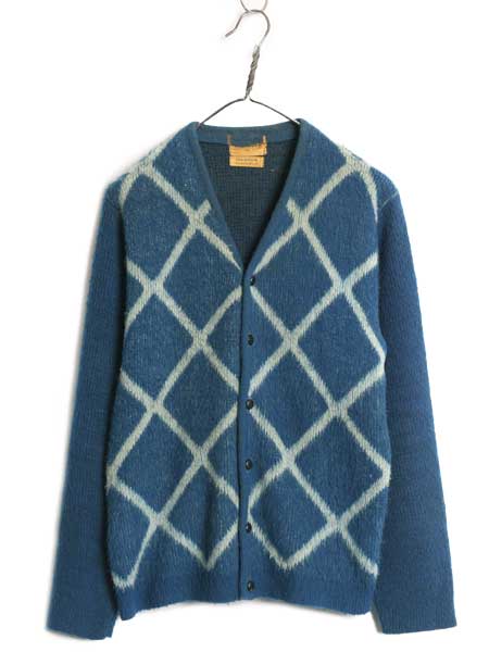 70s ★ RICHMAN BROTHERS アクリル ニット カーディガン メンズ M 古着 ヴィンテージ アーガイル 前開き セーター 毛足 シャギー ツートン