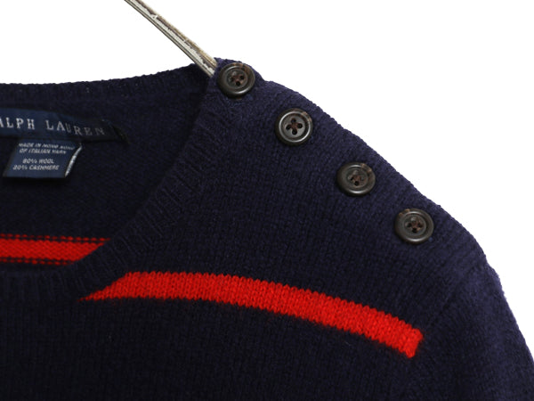 ラルフローレン ボーダー ニット セーター レディース M 古着 ポロ ウール カシミヤ 長袖ニット クルーネック 肩ボタン ワンポイント 薄手