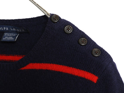 ラルフローレン ボーダー ニット セーター レディース M 古着 ポロ ウール カシミヤ 長袖ニット クルーネック 肩ボタン ワンポイント 薄手