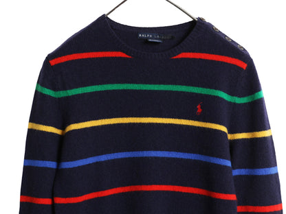 ラルフローレン ボーダー ニット セーター レディース M 古着 ポロ ウール カシミヤ 長袖ニット クルーネック 肩ボタン ワンポイント 薄手