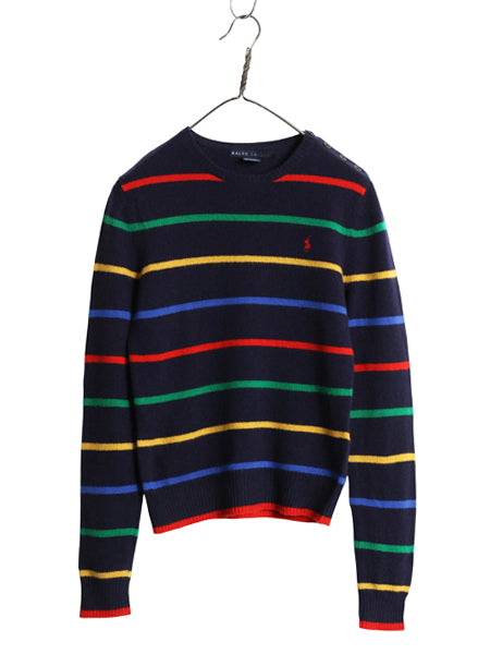 ラルフローレン ボーダー ニット セーター レディース M 古着 ポロ ウール カシミヤ 長袖ニット クルーネック 肩ボタン ワンポイント 薄手