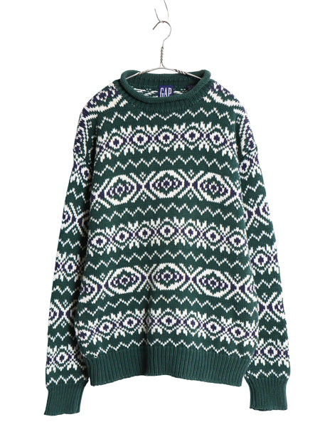 90s オールド ギャップ ロールネック コットン ニット セーター メンズ M 古着 紺タグ ハイネック ノルディック バーズアイ フェアアイル 