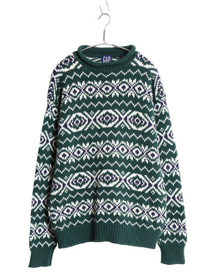 90s オールド ギャップ ロールネック コットン ニット セーター メンズ M 古着 紺タグ ハイネック ノルディック バーズアイ フェアアイル 