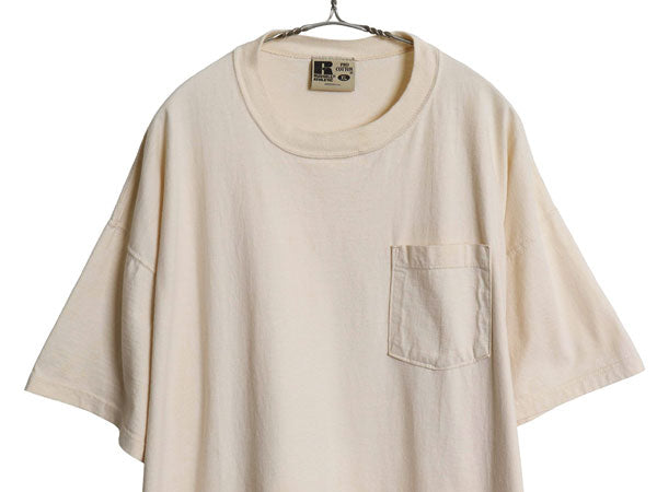 90s USA製 ラッセル ポケット付き 無地 半袖 Tシャツ メンズ XL オールド ポケT ヘビーウェイト コットン ブランク 大きいサイズ ベージュ