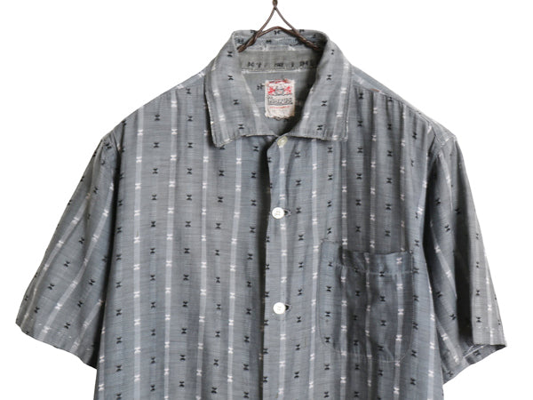 50s 60s ★ CAMPUS 総柄 半袖 シャツ メンズ M 小さめ S 程/ ヴィンテージ オープンカラー 開襟 ボックス シルク レーヨン 調 モノトーン 