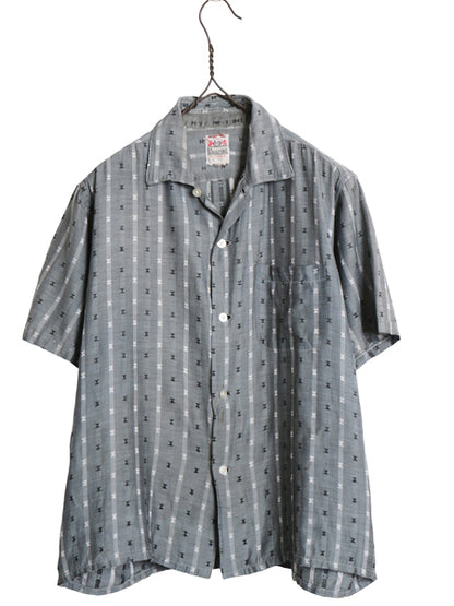 50s 60s ★ CAMPUS 総柄 半袖 シャツ メンズ M 小さめ S 程/ ヴィンテージ オープンカラー 開襟 ボックス シルク レーヨン 調 モノトーン 