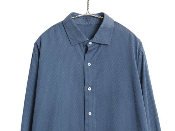 40s 50s フランス製 ★ マチ付き 総柄 ドレス シャツ メンズ XL 程/ ユーロ フレンチ ヴィンテージ ダブルカフス ワイドカラー 無地 ブルー