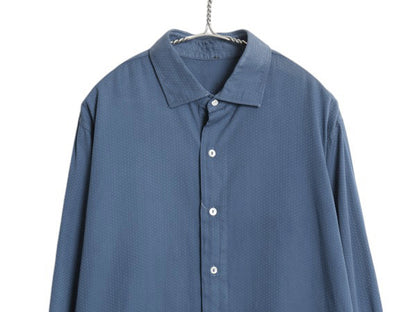 40s 50s フランス製 ★ マチ付き 総柄 ドレス シャツ メンズ XL 程/ ユーロ フレンチ ヴィンテージ ダブルカフス ワイドカラー 無地 ブルー