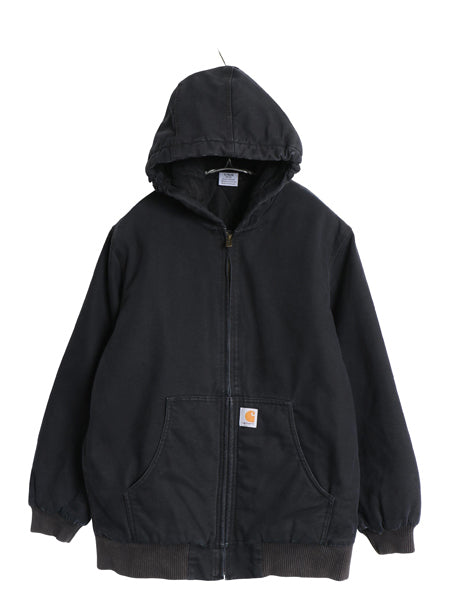 US企画 カーハート アクティブ ジャケット キッズ XL レディース M 程 古着 ワーク ダック フード パーカー 中綿 キルティング ライナー 黒