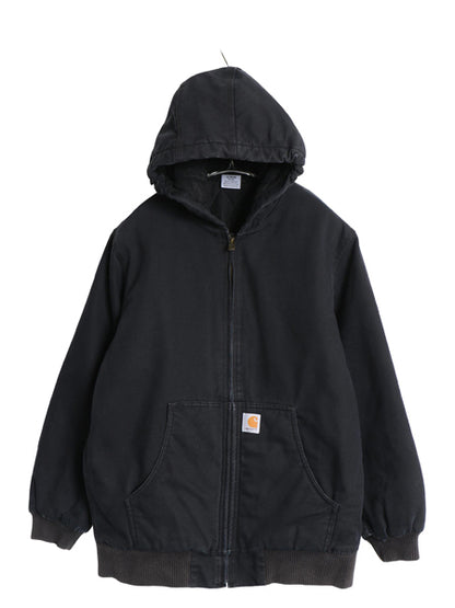 US企画 カーハート アクティブ ジャケット キッズ XL レディース M 程 古着 ワーク ダック フード パーカー 中綿 キルティング ライナー 黒