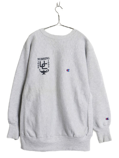 90s USA製 ★ チャンピオン リバースウィーブ 両面 プリント スウェット メンズ XL / 古着 オールド カレッジ トレーナー 目付き 裏起毛 灰
