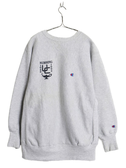 90s USA製 ★ チャンピオン リバースウィーブ 両面 プリント スウェット メンズ XL / 古着 オールド カレッジ トレーナー 目付き 裏起毛 灰