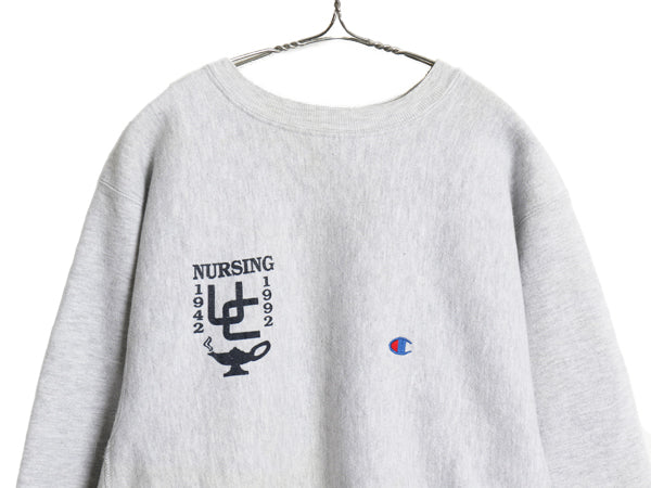 90s USA製 ★ チャンピオン リバースウィーブ 両面 プリント スウェット メンズ XL / 古着 オールド カレッジ トレーナー 目付き 裏起毛 灰