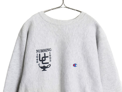 90s USA製 ★ チャンピオン リバースウィーブ 両面 プリント スウェット メンズ XL / 古着 オールド カレッジ トレーナー 目付き 裏起毛 灰
