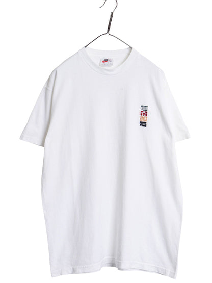 90s USA製 ナイキ ワンポイント 刺繍 Tシャツ メンズ L オールド ヘビーウェイト コットン スウッシュ 星 地球儀 シンプル クルーネック 白