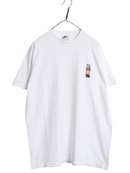 90s USA製 ナイキ ワンポイント 刺繍 Tシャツ メンズ L オールド ヘビーウェイト コットン スウッシュ 星 地球儀 シンプル クルーネック 白