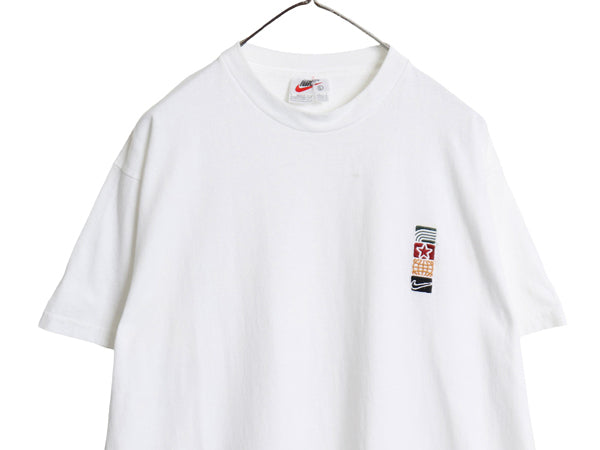90s USA製 ナイキ ワンポイント 刺繍 Tシャツ メンズ L オールド ヘビーウェイト コットン スウッシュ 星 地球儀 シンプル クルーネック 白