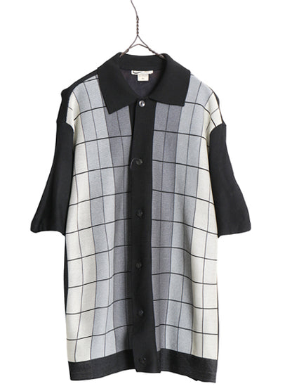 60s 70s USA製 ★ レーヨン 半袖 ニット シャツ メンズ XL 古着 ヴィンテージ パネル 総柄 デザイン 黒 モノトーン ロカビリー イタリアン