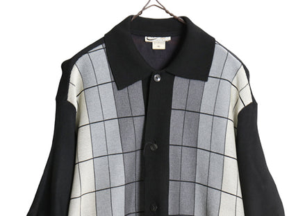 60s 70s USA製 ★ レーヨン 半袖 ニット シャツ メンズ XL 古着 ヴィンテージ パネル 総柄 デザイン 黒 モノトーン ロカビリー イタリアン
