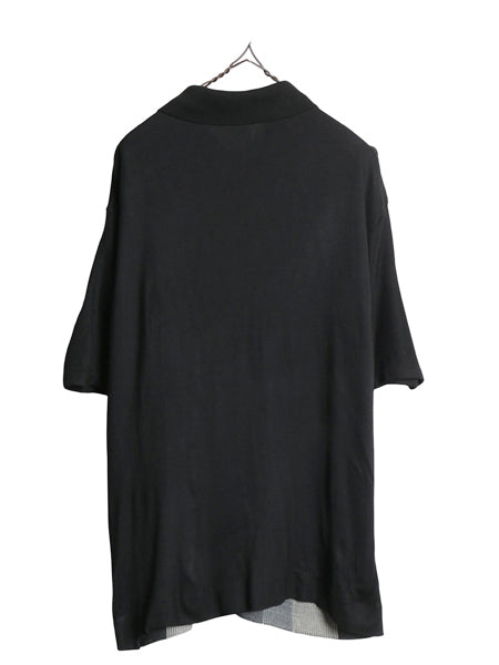 60s 70s USA製 ★ レーヨン 半袖 ニット シャツ メンズ XL 古着 ヴィンテージ パネル 総柄 デザイン 黒 モノトーン ロカビリー イタリアン