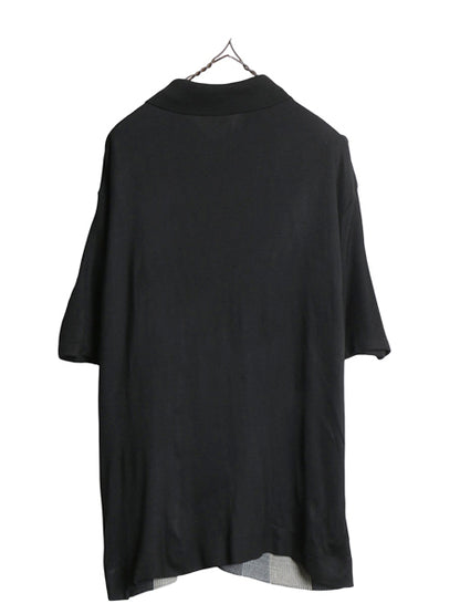 60s 70s USA製 ★ レーヨン 半袖 ニット シャツ メンズ XL 古着 ヴィンテージ パネル 総柄 デザイン 黒 モノトーン ロカビリー イタリアン
