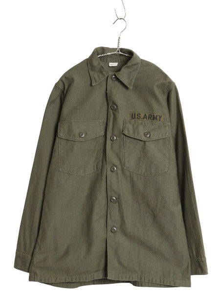 60s 米軍実物 US ARMY コットン サテン ユーティリティ シャツ M / ヴィンテージ OG107 シャツ袖 2nd ミリタリー 軍物 ワッペン付き カーキ